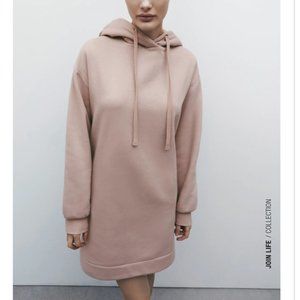 ZARA NUDE MAUVE DRAWSTRING HOODIE FLEECE PLUSH SWEATER DRESS